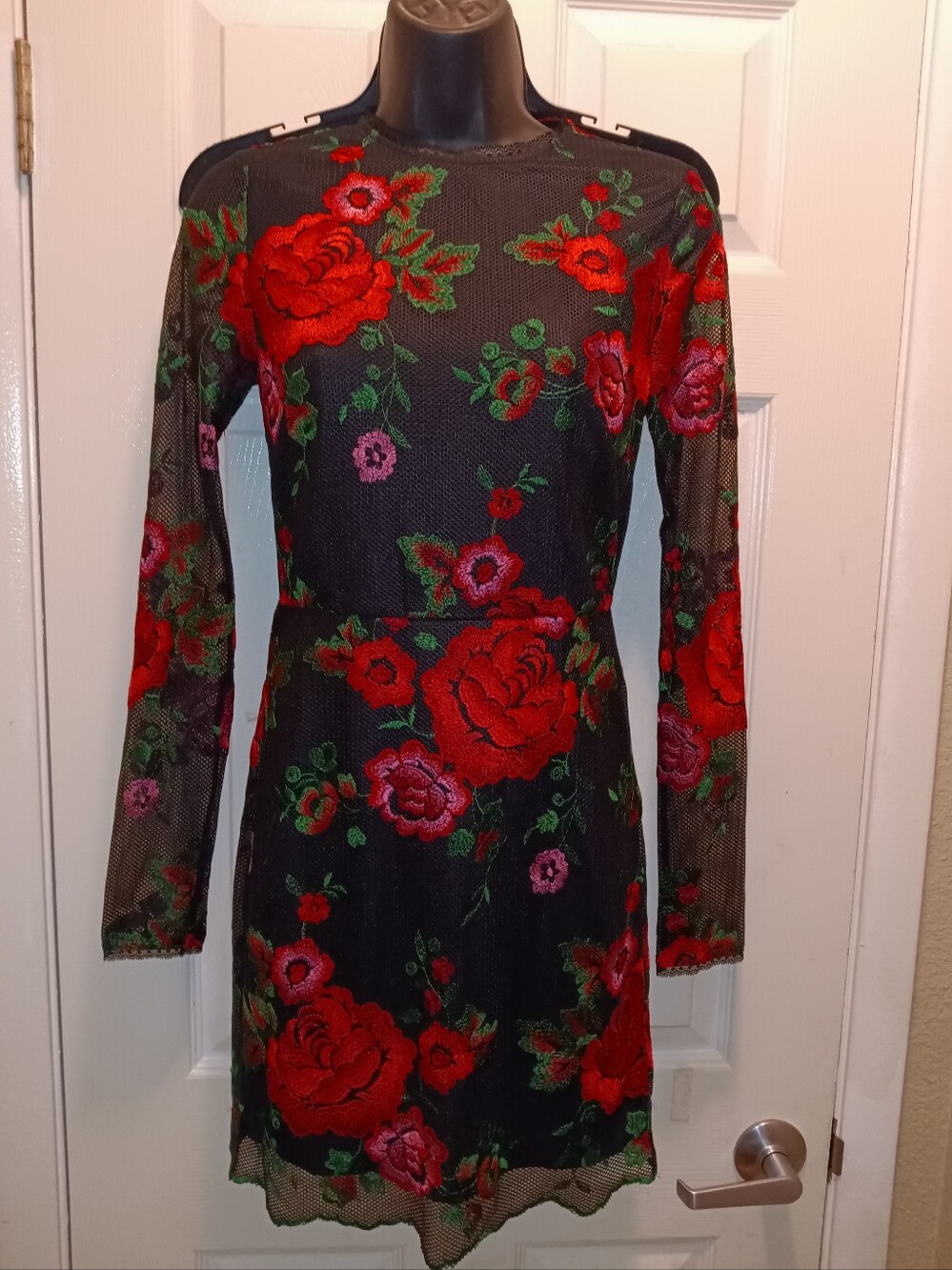 Nasty Gal Collection Black Mesh Dress with Red Rose Embroidery XS